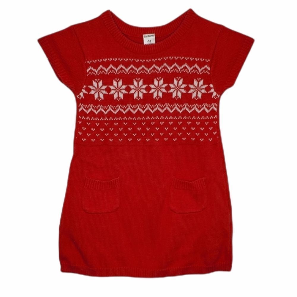 CARTERS‎ red sweater dress short sleeve snowflake cotton 4T